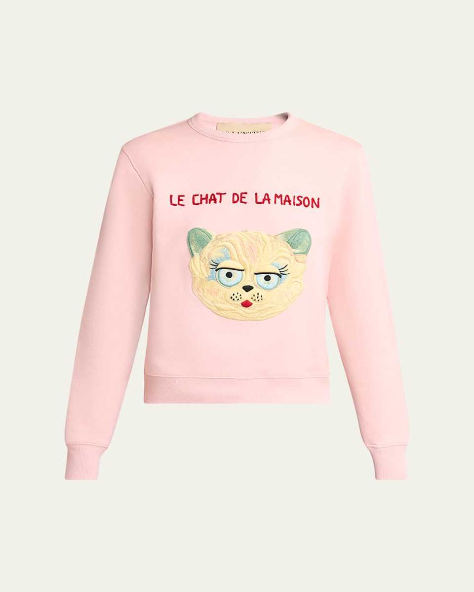 Cat-Embroidered Cotton Jersey Sweatshirt